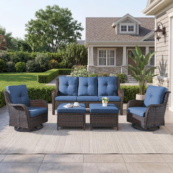 5 Piece Patio Wicker Rocker Chairs with Ottomans Sofa, NTC Series