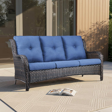 Belord 74-inch outdoor wicker sofa with 3 seats, plush cushions, reclined back, all-weather PE rattan for patio conversation sets.