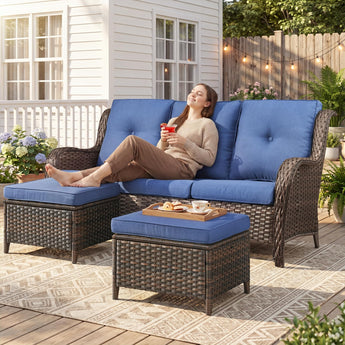 3 Pieces PE Wicker Outdoor Sofa with 2 Ottomans, NTC Series