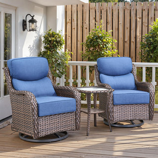 Belord 3-piece patio bistro set with swivel glider chairs and side table, featuring durable cushions and modern design.