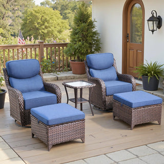 Belord 5-piece swivel glider patio set with ottomans and side table, featuring cushioned seats and a modern outdoor furniture design.