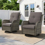 Pair of Belord wicker swivel glider chairs with 5-inch cushions, 360° rotation, set of 2 for patio conversation.