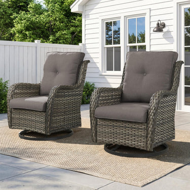 Pair of Belord wicker swivel glider chairs with 5-inch cushions, 360° rotation, set of 2 for patio conversation.