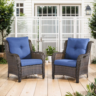 Brown wicker small outdoor chair with navy blue cushion