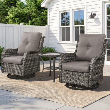 Belord 3-piece outdoor wicker swivel glider set with two chairs and side table for patio conversation and relaxation.