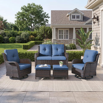 5 Piece Patio Wicker Rocker Chairs with Ottomans Sofa, NTC Series