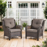 Pair of Belord patio wicker chairs with 4-inch cushions in a conversation set, featuring stylish woven design and armrests.