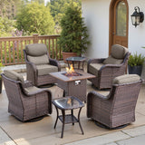 Belord 7-piece fire pit patio set with four swivel rocker chairs and tables, NT Series, perfect for outdoor gatherings.