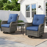 Belord 3-piece outdoor wicker swivel glider patio set with two chairs and side table, perfect for outdoor conversation and relaxation.