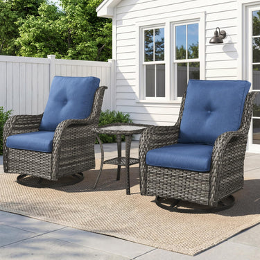 Belord 3-piece outdoor wicker swivel glider patio set with two chairs and side table, perfect for outdoor conversation and relaxation.