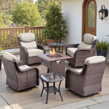 Belord 7-piece fire pit patio set with four swivel rocker chairs and tables, featuring a stylish fire table for outdoor gatherings.