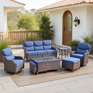 Belord 7-piece patio wicker sofa set with swivel chairs, featuring plush cushions and a modern outdoor design.