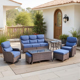 Belord 7-piece patio wicker sofa set with swivel chairs, featuring plush cushions and a modern outdoor design.