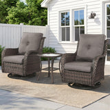 Belord 3-piece outdoor wicker swivel glider patio set with two chairs and a side table, perfect for outdoor conversation.