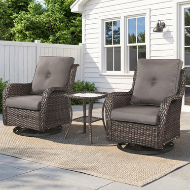 Belord 3-piece outdoor wicker swivel glider patio set with two chairs and a side table, perfect for outdoor conversation.