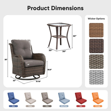 Belord 3-piece outdoor wicker swivel glider set with two chairs and a side table, ideal for patio conversation and relaxation.