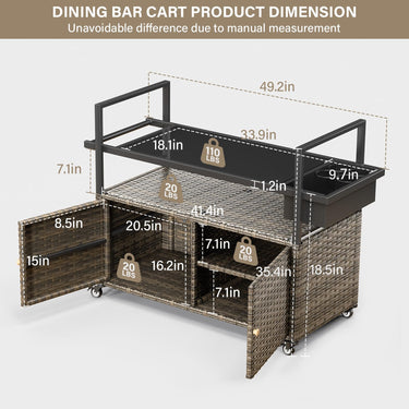 Belord outdoor wicker bar cart with four lockable wheels and built-in ice bucket, perfect for outdoor entertaining.