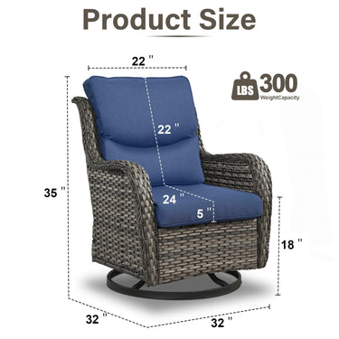 Pair of Belord swivel patio chairs with 360° rotation, black frames, and plush 5-inch cushions, part of the NTC Series.