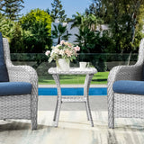 Belord Square outdoor wicker side table with glass top and storage shelf, ideal for patio conversation sets.