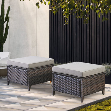 Belord 2-piece patio wicker ottoman set with side tables, part of NTC Series, ideal for outdoor conversation spaces.