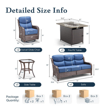 Belord 5-piece patio fire pit set with swivel chairs and fire table for outdoor seating and entertainment.
