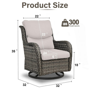 Two Belord swivel patio chairs with 360° rotation and 5-inch cushions, part of the NTC Series, shown from a front view.