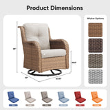 Pair of Belord wicker swivel glider chairs with 360° rotation, 5-inch cushions, suitable for patio conversation set.