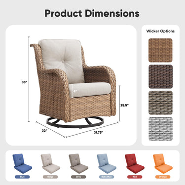Pair of Belord wicker swivel glider chairs with 360° rotation, 5-inch cushions, suitable for patio conversation set.