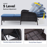 Belord 3-piece outdoor wicker chaise lounge set with two adjustable 75-inch loungers, side table, and olefin cushions for patio use.