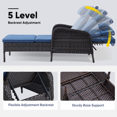Belord 3-piece outdoor wicker chaise lounge set with two adjustable 75-inch loungers, side table, and olefin cushions for patio use.