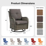 Pair of Belord wicker swivel glider chairs with 5-inch cushions, 360° rotation, in a patio conversation set.