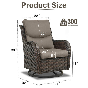 Two Belord swivel patio chairs with 360° rotation and 5-inch cushions, part of the NTC Series, shown outdoors.
