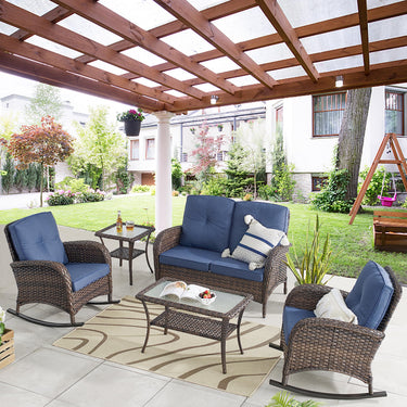 Belord patio single PE wicker rocking chair with thick cushions, outdoor furniture for relaxing on the patio.