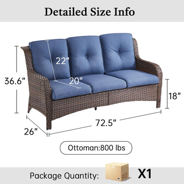 Belord 74-inch outdoor wicker sofa from patio conversation sets, 3-seater with cushions and reclined back in all-weather PE rattan.