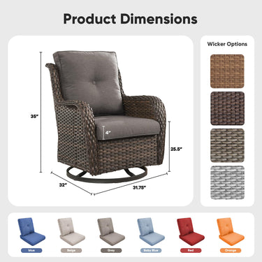 Set of two Belord wicker swivel glider chairs with 360° rotation, 5-inch cushions, suitable for patio conversation areas.