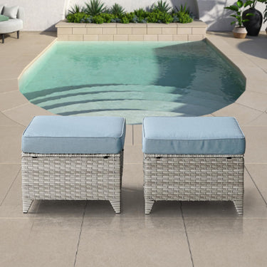Belord 2-piece patio wicker ottoman set with side tables from the NTC Series, ideal for outdoor conversation and lounging.