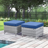 Belord 2-piece patio wicker ottoman set with side tables, part of the NTC series, featuring woven wicker design and cushioned tops.