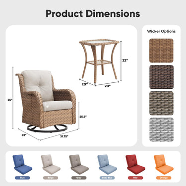 Belord 3-piece outdoor wicker swivel glider patio set with two chairs and side table, perfect for outdoor conversation and relaxation.
