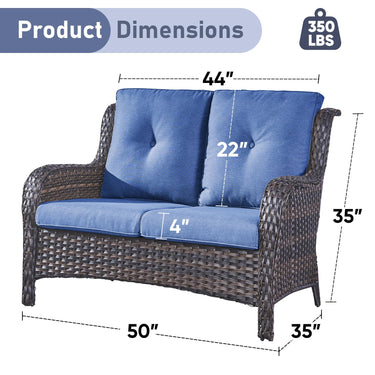 Belord outdoor wicker loveseat sofa in natural PE rattan with 4-inch cushions, 53-inch two-seater for patio conversation sets.