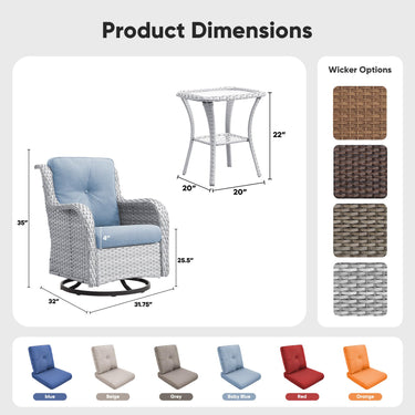 Belord 3-piece outdoor wicker swivel glider patio set with two chairs and a side table, perfect for outdoor conversation.