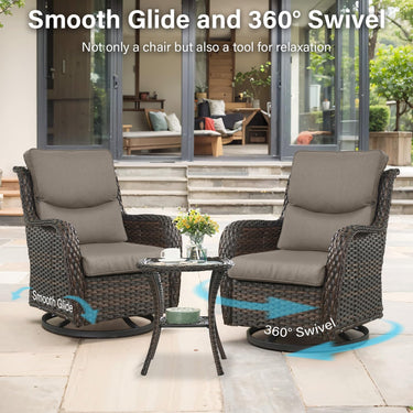 Set of two Belord swivel patio chairs with 360° rotation and 5-inch cushions, part of the NTC Series, shown outdoors.