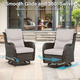 Pair of Belord swivel patio chairs with 360° rotation, black frames, and plush 5-inch cushions for outdoor relaxation.