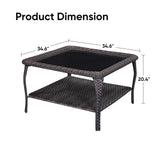 Belord outdoor wicker coffee table with glass top and two-tier storage, part of the NTC series patio conversation sets.