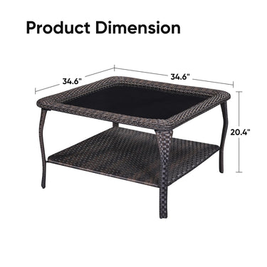 Belord outdoor wicker coffee table with glass top and two-tier storage, part of the NTC series patio conversation sets.