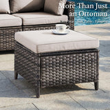 Two wicker patio ottomans with side table design from Belord's NTC Series, perfect for outdoor conversation sets.