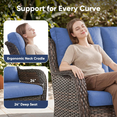 Belord outdoor wicker 3-seater patio sofa from the NTC Series, featuring plush cushions and a stylish design for outdoor lounging.