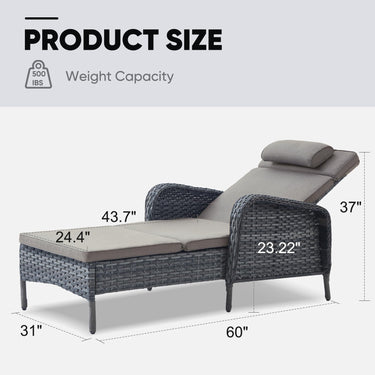 Belord outdoor wicker chaise lounge in 5-position with sturdy frame, designed for patio conversation sets and up to 500 lb capacity.