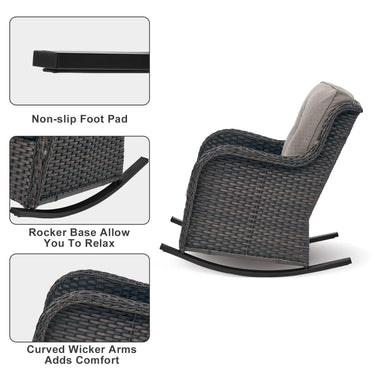 Pair of Belord patio wicker rocking chairs with olefin cushions, part of the NTC Series, designed for outdoor relaxation.
