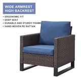 Pair of Belord wicker patio chairs with high backs, beige cushions, and sturdy frame for outdoor seating, 18.5 inches high.