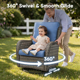 Set of two Belord wicker swivel glider chairs with 360° rotation, 5-inch cushions, suitable for patio conversation, supports 300 lbs.